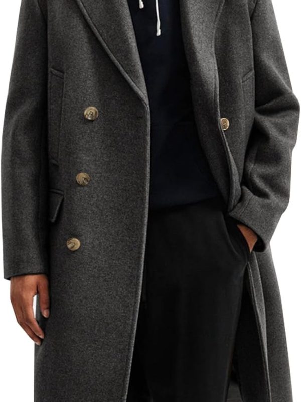 Mens Trench Coat Notch Lapel Slim Fit Double Breasted Casual Long Business  Coat Overcoat