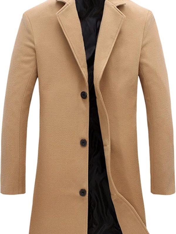 Men's Wool Blend  Coat Notched Collar Single Breasted Overcoat Warm Winter Trench Coat